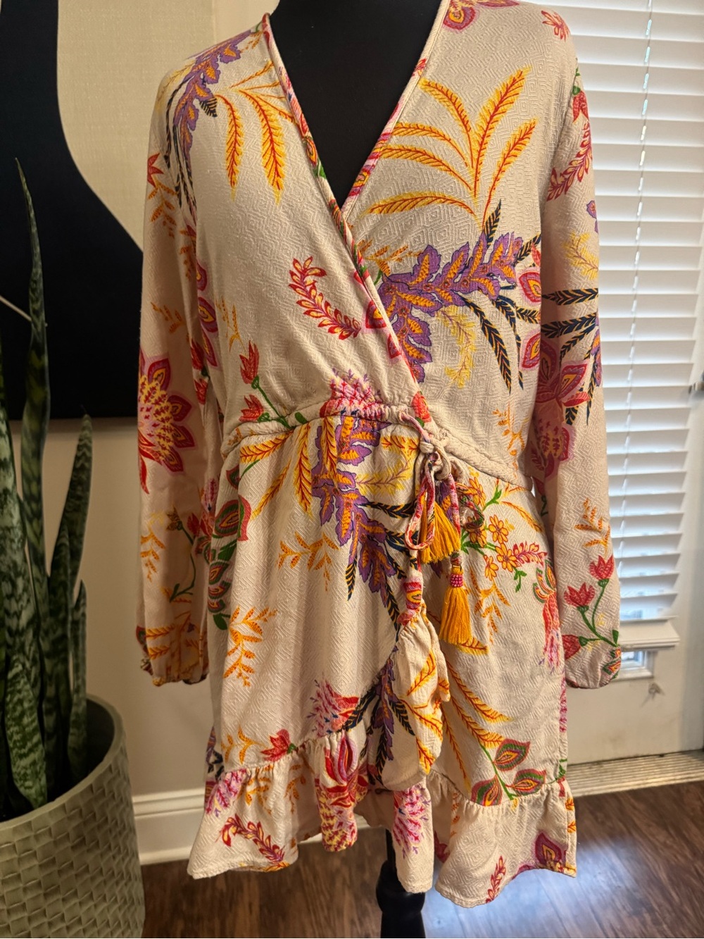 blue island Cream Floral Tie-Waist Swim Coverup - Picture 2 of 12